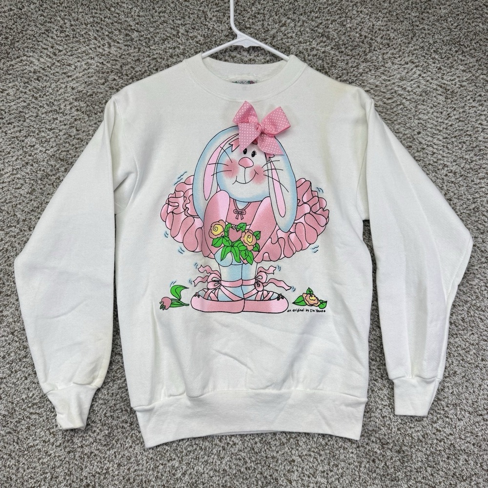Vintage I'm Yours Sweater Girls Large White Easter‎ Bunny Ballerina Crewneck USA